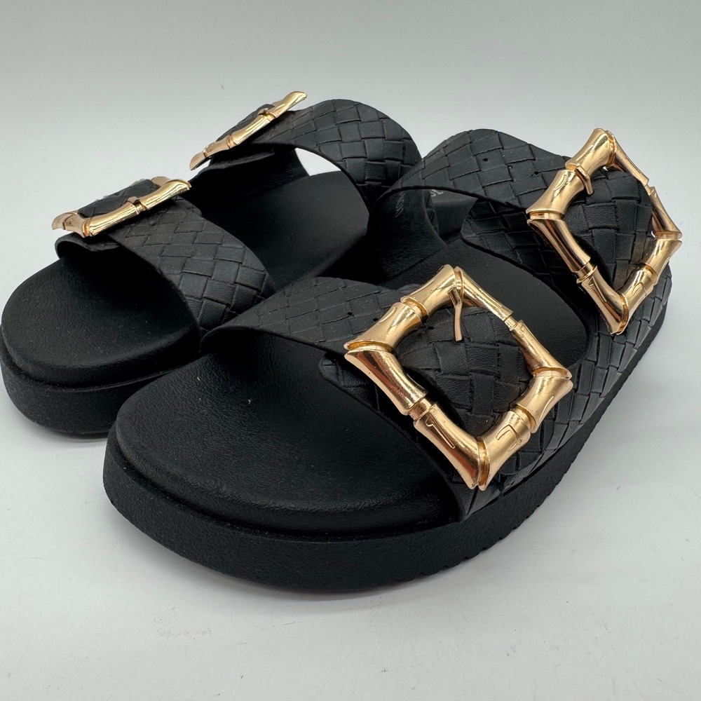Top Moda Women's US 8.5 Black Woven Double Buckle Slide Sandals Gold Bamboo